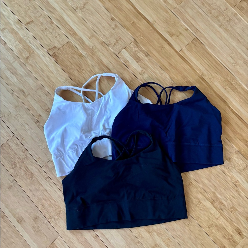 Quince Women's Strappy Sports Bra Set in White, Navy, and Black